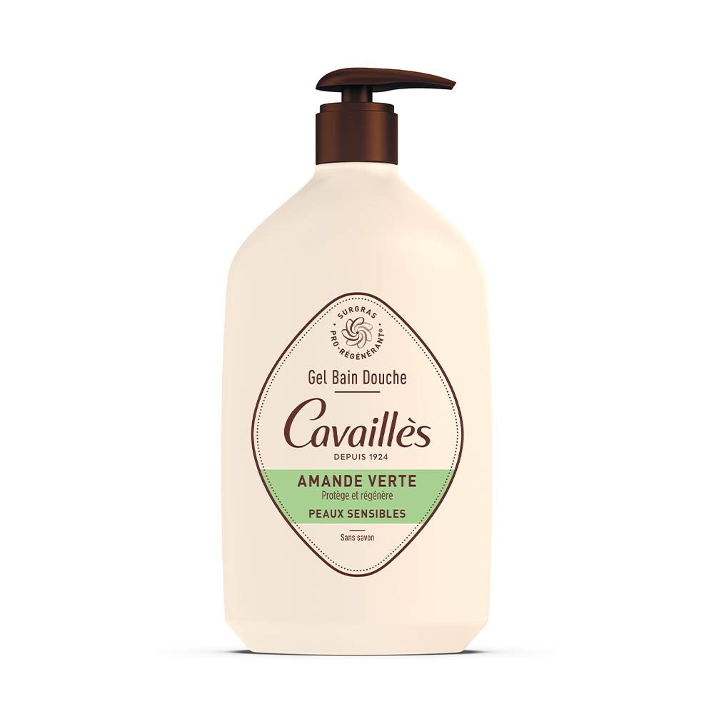 Beige fles met bruine pomp. Opschrift: Cavaillès, Amande Verte, Peaux Sensibles. Gel Bain Douche.