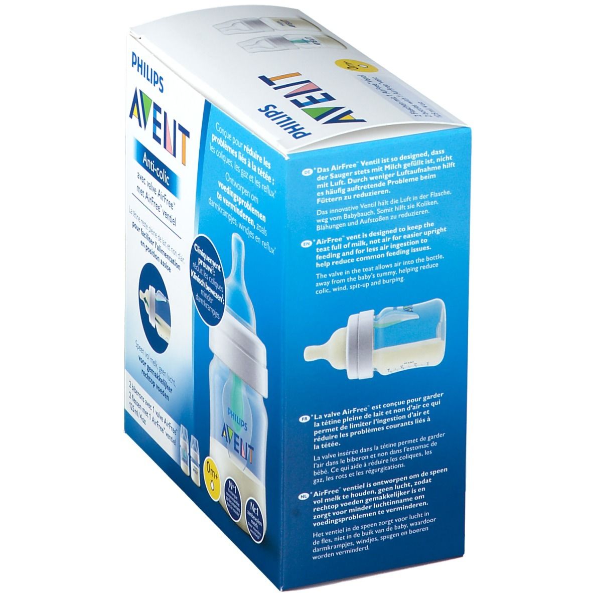 Boîte de biberon Philips AVENT Anti-colique avec valve AirFree. Biberon rempli de lait, emballage bleu et blanc.