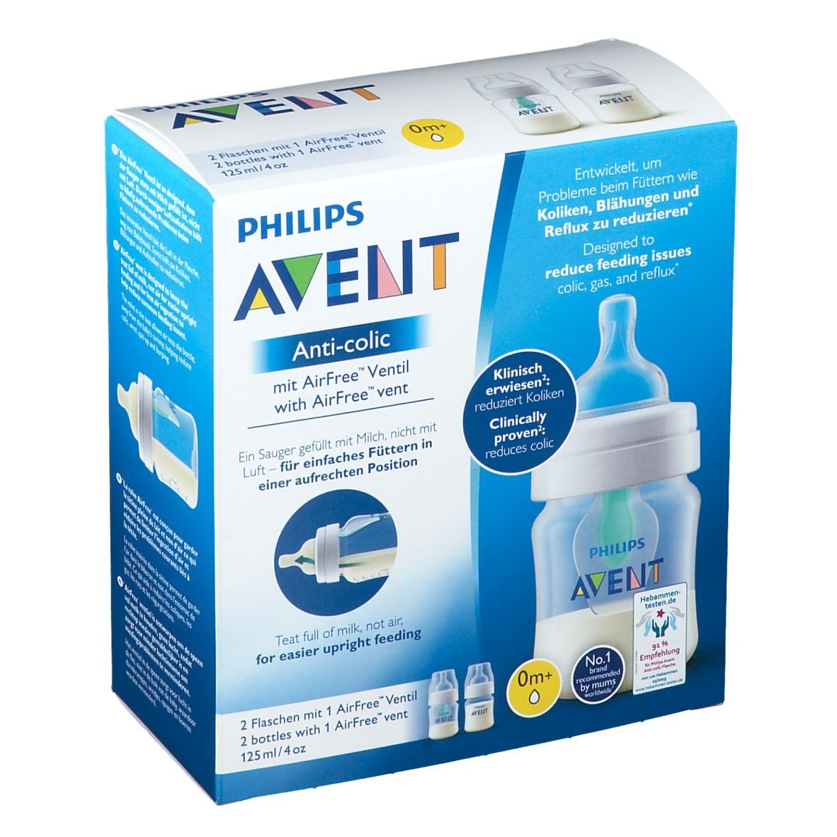 Boîte de biberon Philips AVENT Anti-colique avec valve AirFree. Deux biberons représentés, emballage bleu et blanc.