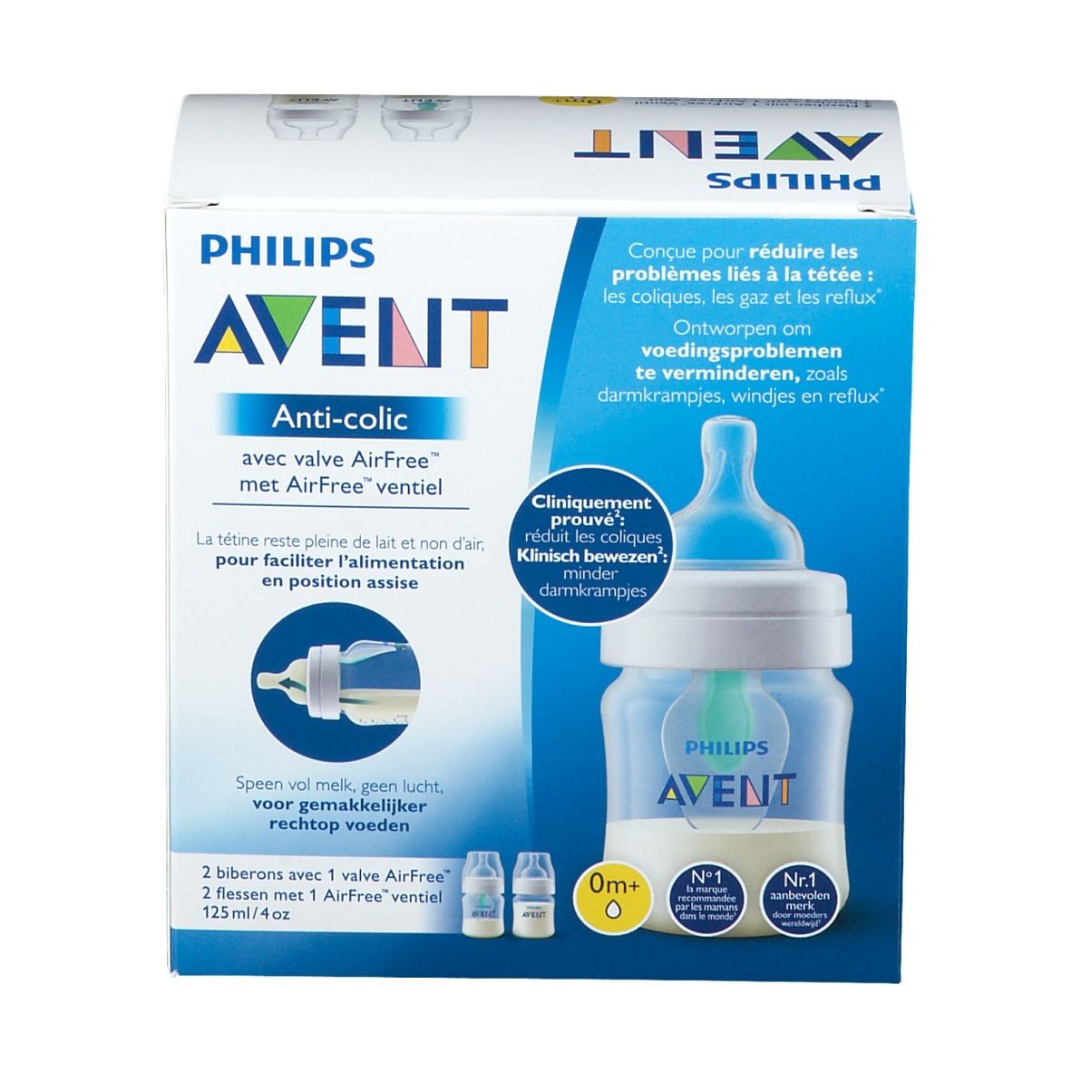 Boîte de biberon Philips AVENT Anti-colique avec valve AirFree. Deux biberons représentés, emballage bleu et blanc.
