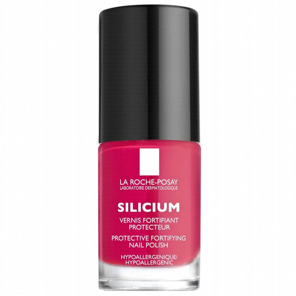 Flacon de vernis à ongles rose. Bouchon noir. Inscriptions: La Roche-Posay, Silicium, Vernis Fortifiant Protecteur, Hypoallergénique.