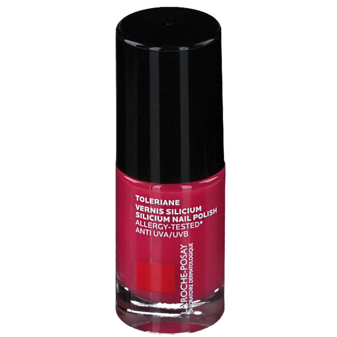 Flacon de vernis à ongles rose. Bouchon noir. Inscriptions: Toleriane, Vernis Silicium, Testé contre les allergies, Anti UVA/UVB.
