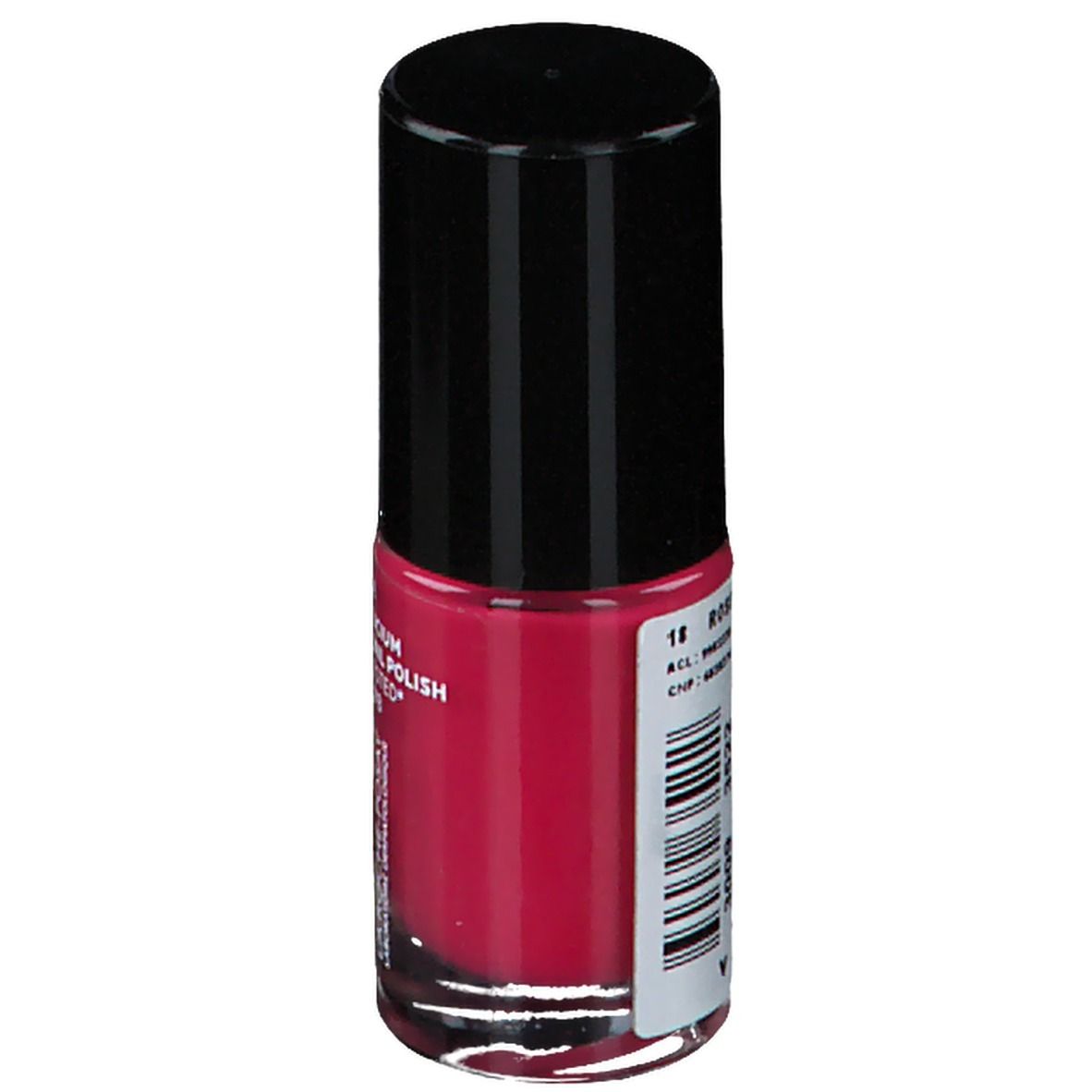 Flacon de vernis à ongles rose. Bouchon noir. Inscriptions: Toleriane, Vernis Silicium, Testé contre les allergies, Anti UVA/UVB.