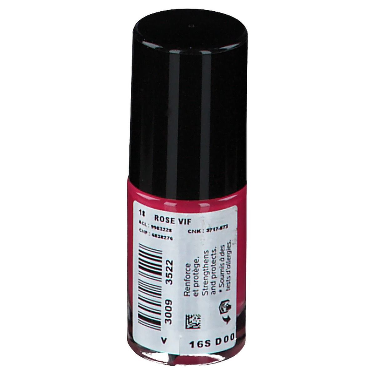 Flacon de vernis à ongles rose. Bouchon noir. Inscription: 18 Rose Vif. Étiquette avec code-barres et informations.