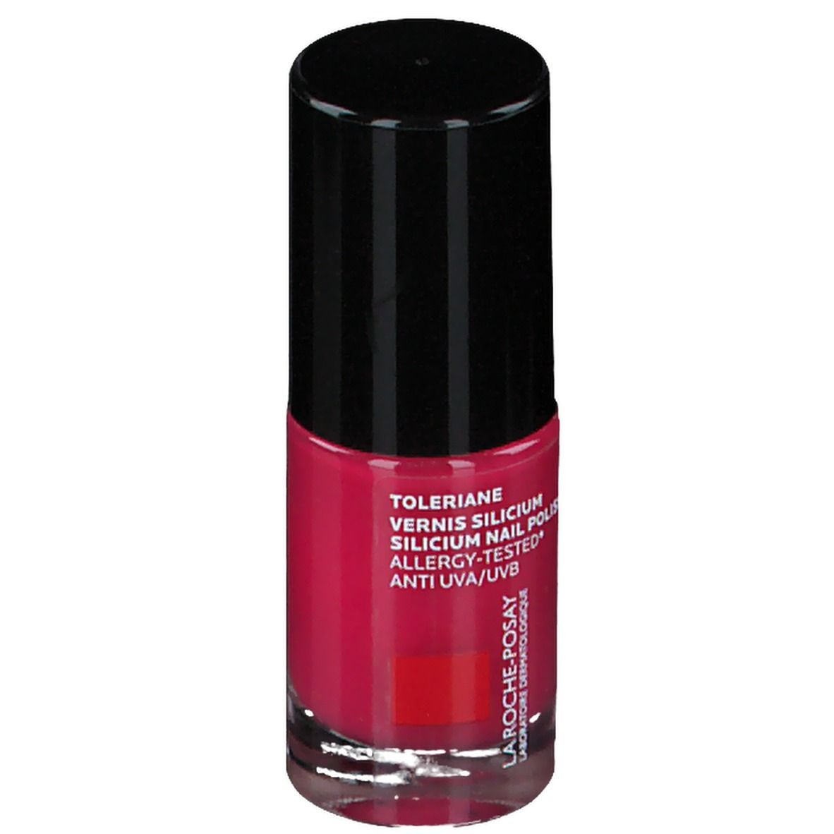 Flacon de vernis à ongles rose. Bouchon noir. Inscriptions: Toleriane, Vernis Silicium, Testé contre les allergies, Anti UVA/UVB.