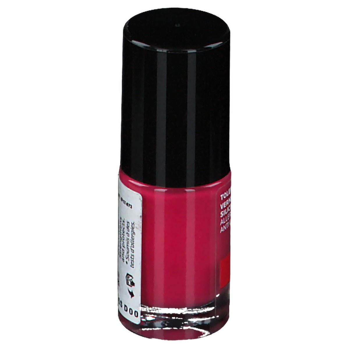 Flacon de vernis à ongles rose. Bouchon noir. Inscriptions: Toleriane, Vernis Silicium, Testé contre les allergies, Anti UVA/UVB.