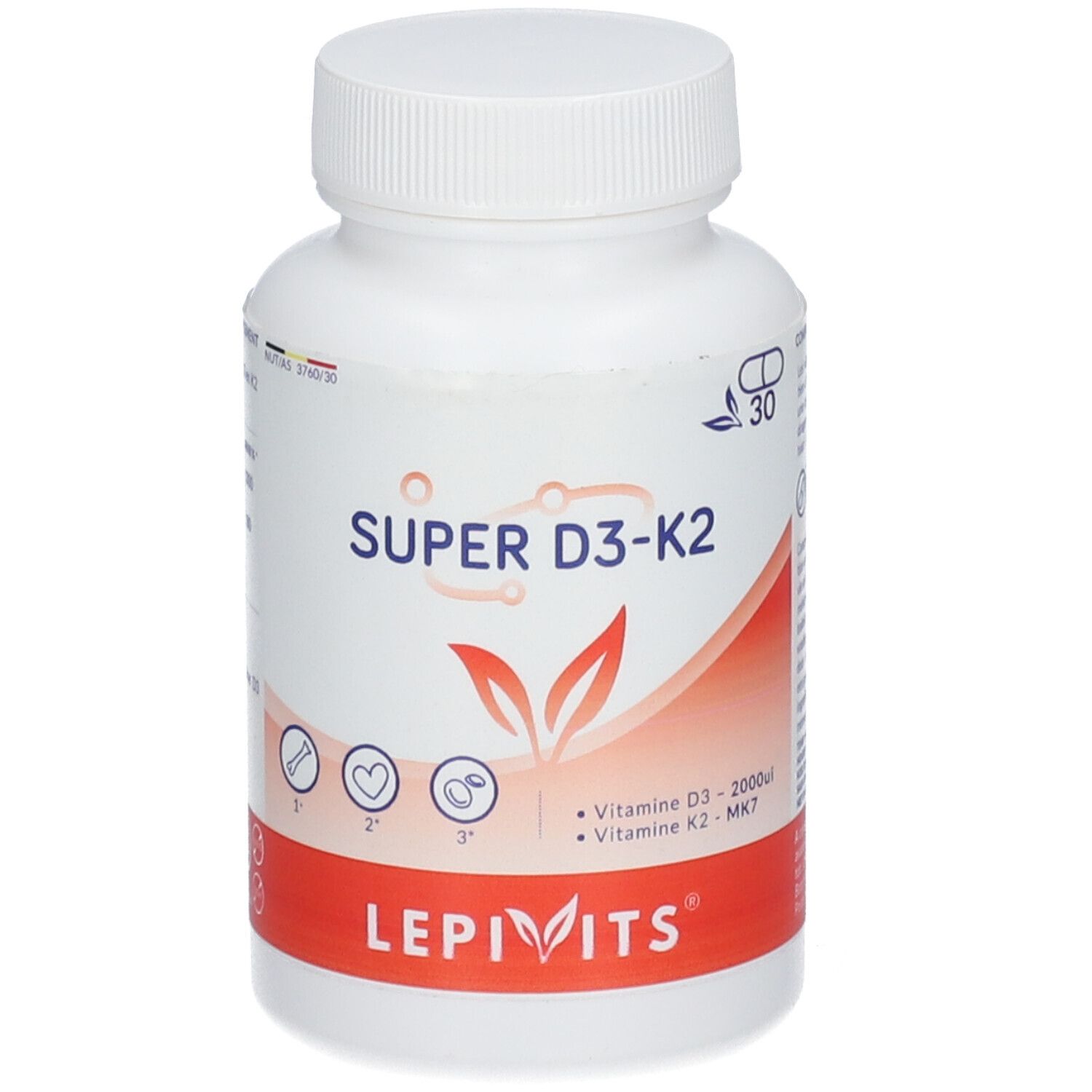 Witte fles met capsules. Opschrift: Super D3-K2, Lepivits. Bevat vitamine D3 en K2.