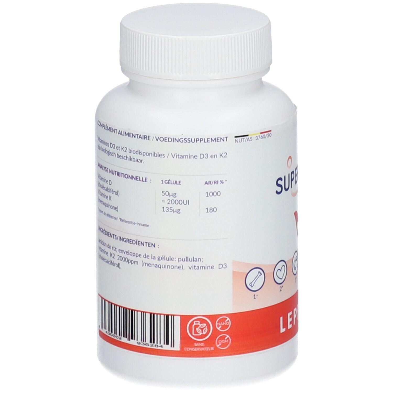 Achterkant van de witte fles. Bevat informatie over ingrediënten en voedingswaarden. Merk: Lepivits.