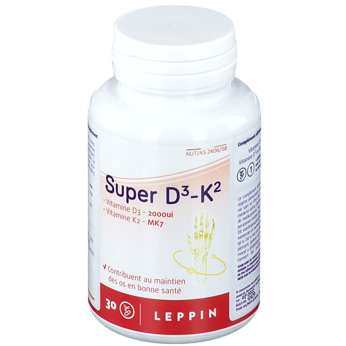Witte fles met capsules. Opschrift: Super D3-K2, Lepivits. Bevat vitamine D3 en K2.