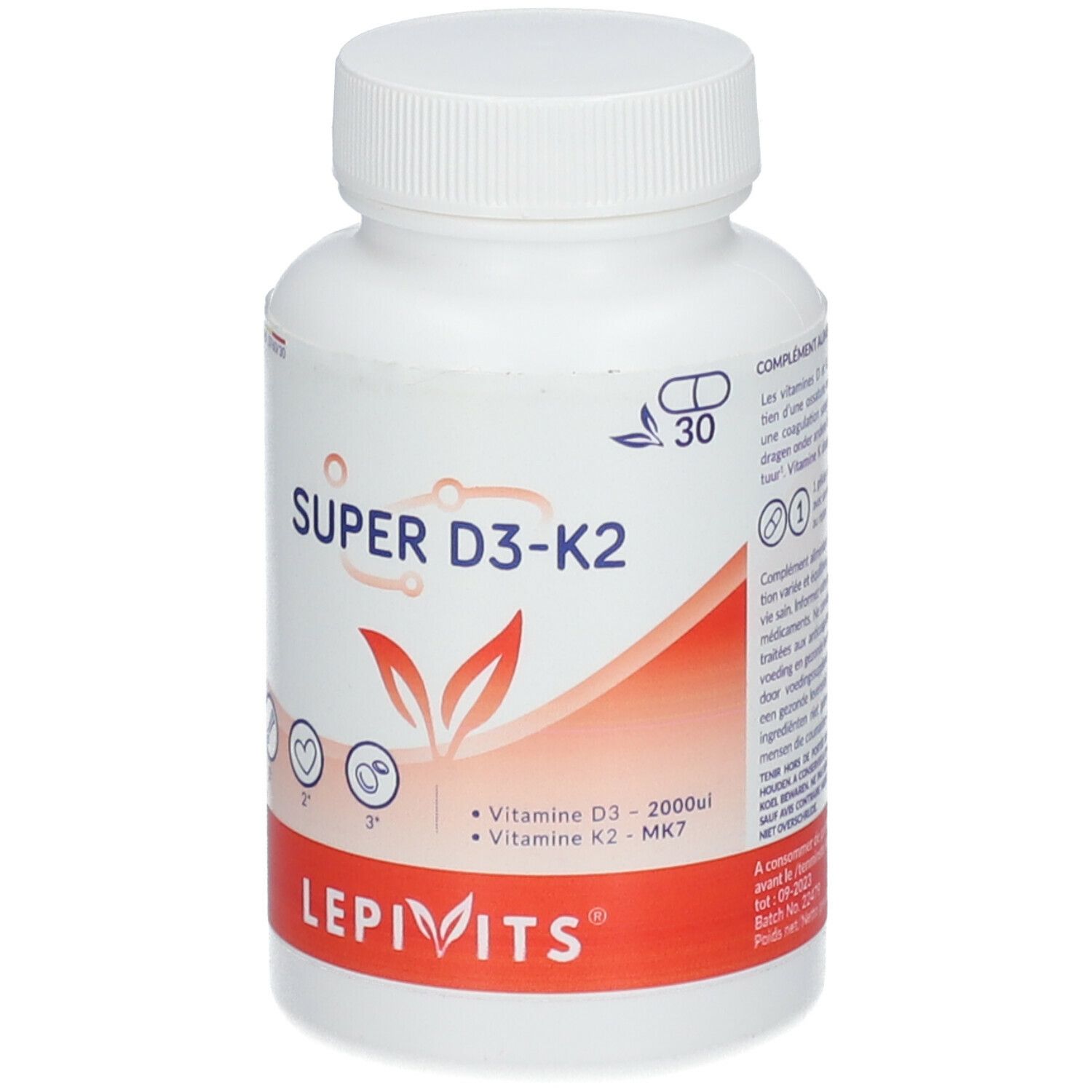 Witte fles met capsules. Opschrift: Super D3-K2, Lepivits. Bevat vitamine D3 en K2.
