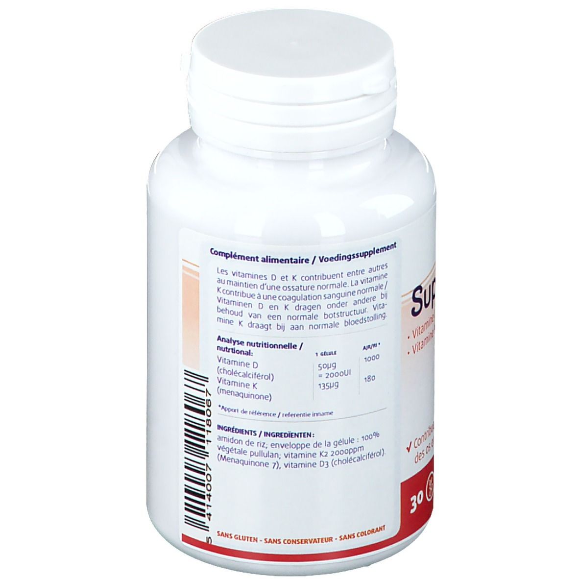 Achterkant van de witte fles. Bevat informatie over ingrediënten en voedingswaarden. Merk: Lepivits.