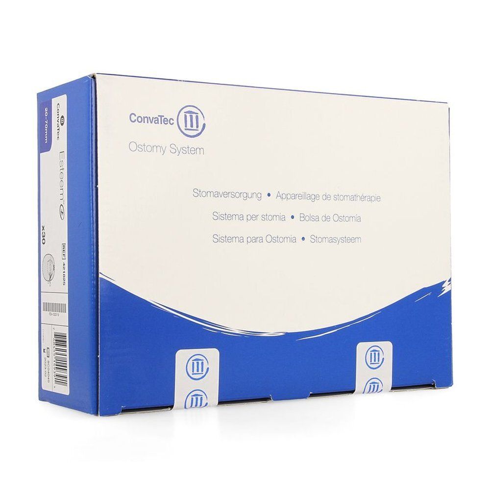 Boîte ConvaTec Ostomy System. Emballage blanc et bleu avec informations produit et logos. Inscriptions multilingues.