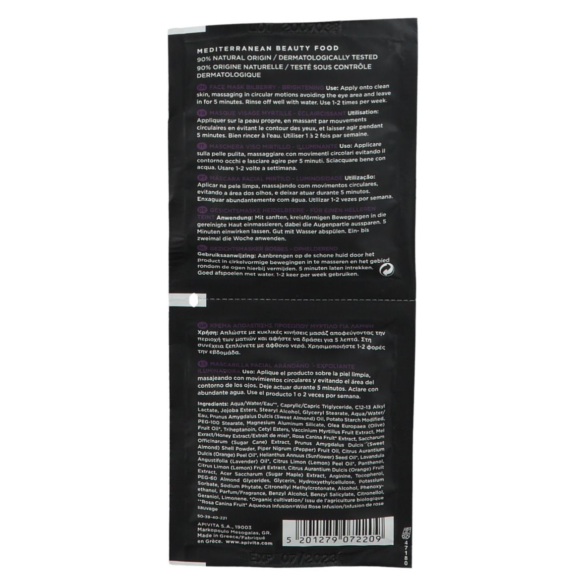 Zwarte productverpakking. Tekst: Mediterranean Beauty Food, 90% Natural Origin, dermatologisch getest. Bevat productinformatie.