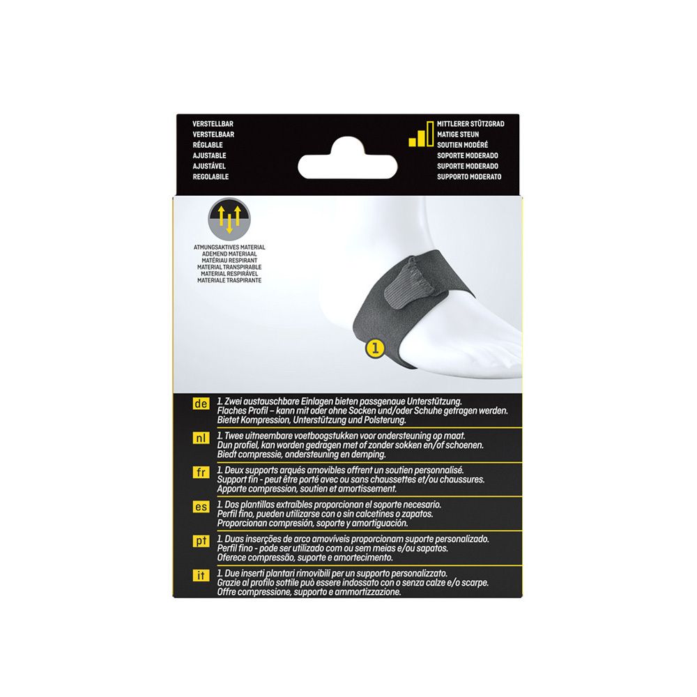 Achterkant van de verpakking met FUTURO™ voetboogondersteuning. Productbeschrijving, zwarte bandage.