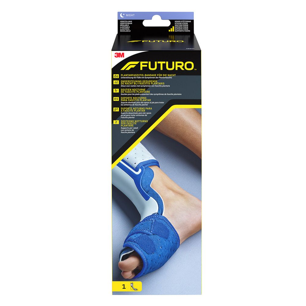 FUTURO™ plantaire fasciitis bandage voor de nacht. Blauw-wit product op voet. Verpakking met productnaam en 3M logo.
