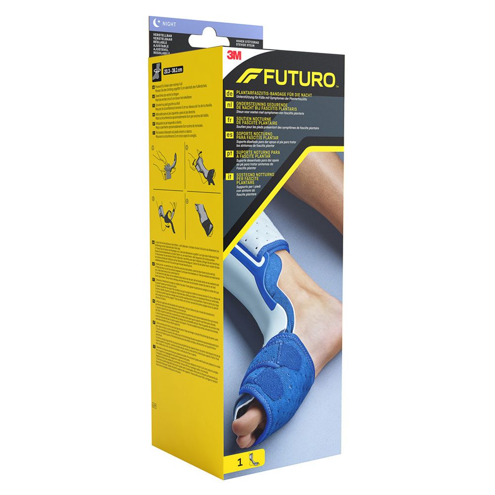 Attelle FUTURO™ pour fasciite plantaire. Emballage avec nom, logo 3M et instructions.