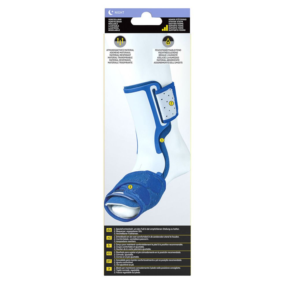 FUTURO™ plantaire fasciitis bandage voor de nacht. Achterkant met productkenmerken en instructies.