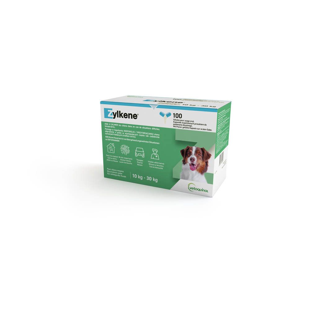 Groene en witte Zylkene doos met 100 capsules. Afbeelding van een hond en meertalige tekst. Gewicht: 10-30 kg.