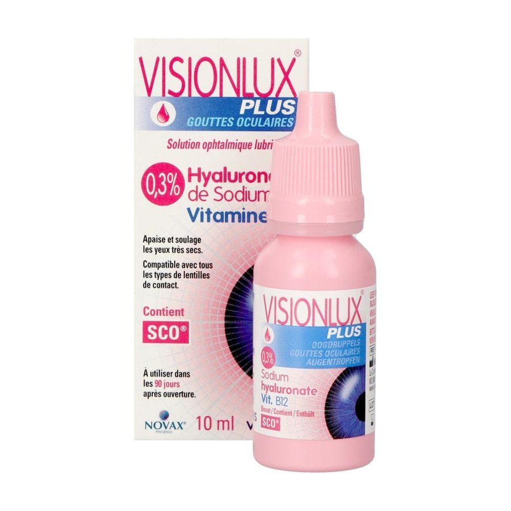 Verpakking van Visionlux Plus oogdruppels met hyaluronzuur en vitamine B12.
