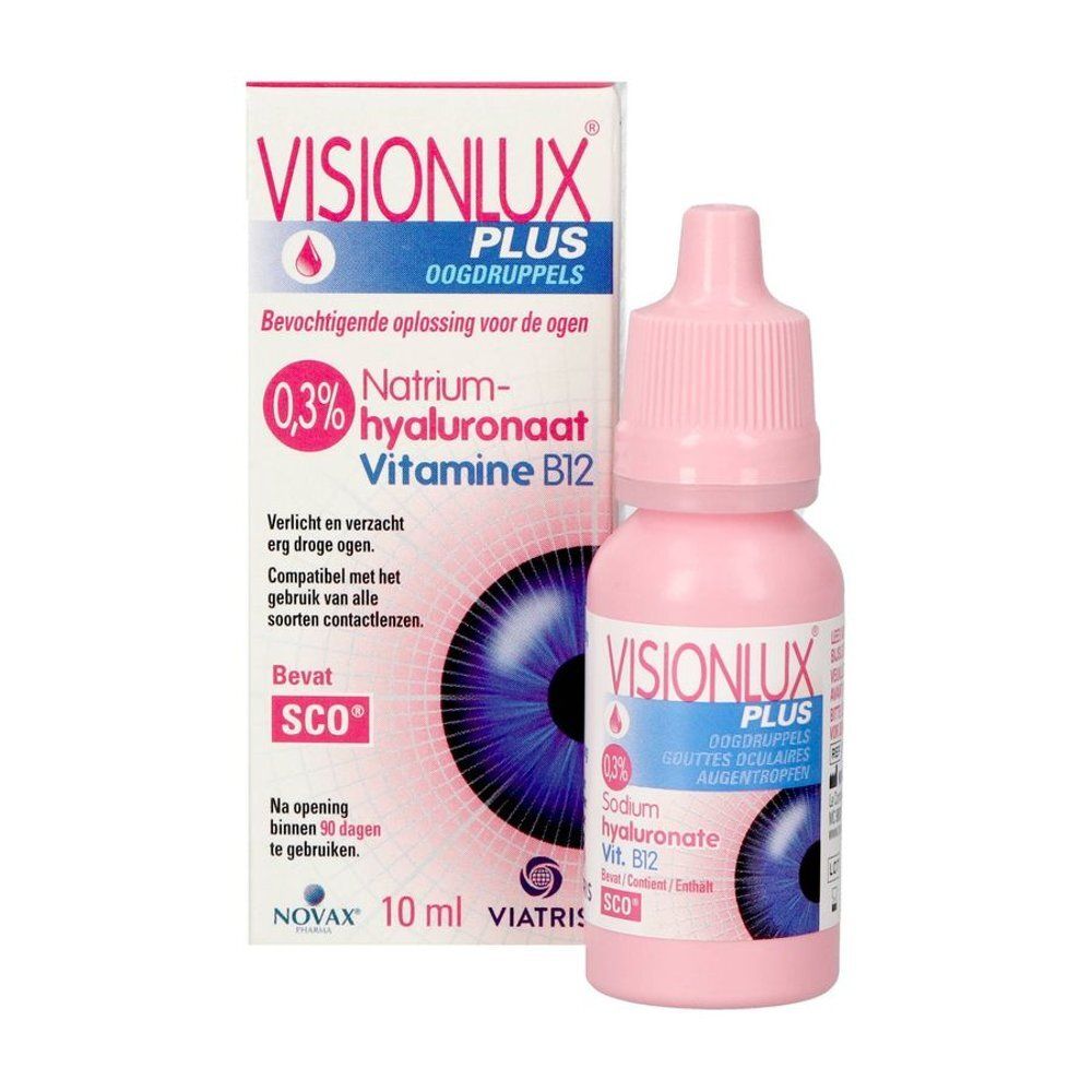 Verpakking van Visionlux Plus oogdruppels met hyaluronzuur en vitamine B12.