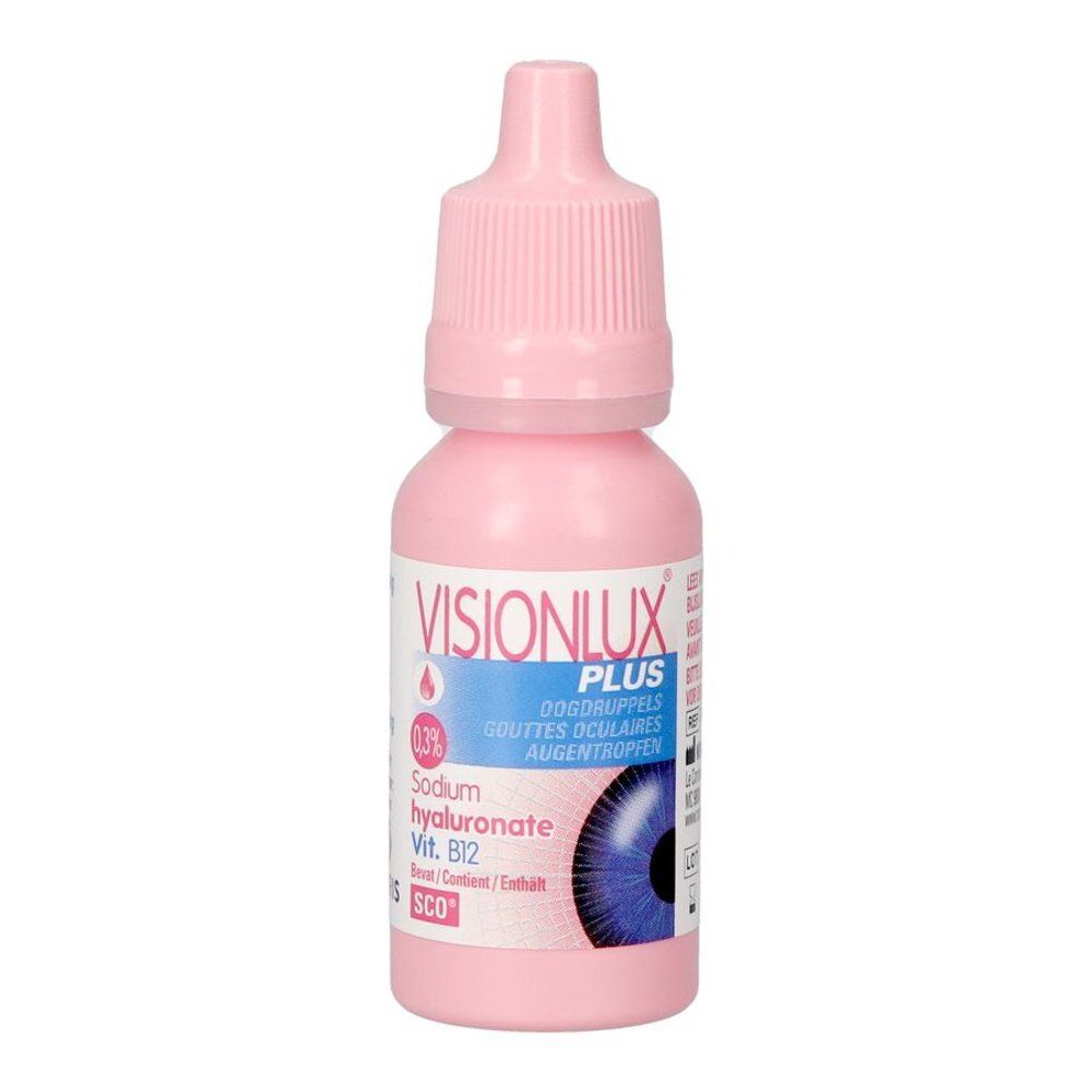 Zijaanzicht van de verpakking van Visionlux Plus oogdruppels met hyaluronzuur en vitamine B12.