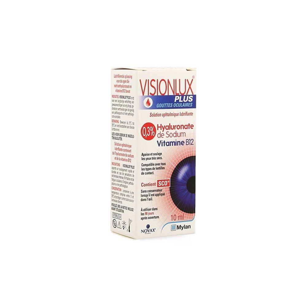 Verpakking van Visionlux Plus oogdruppels met hyaluronzuur en vitamine B12.