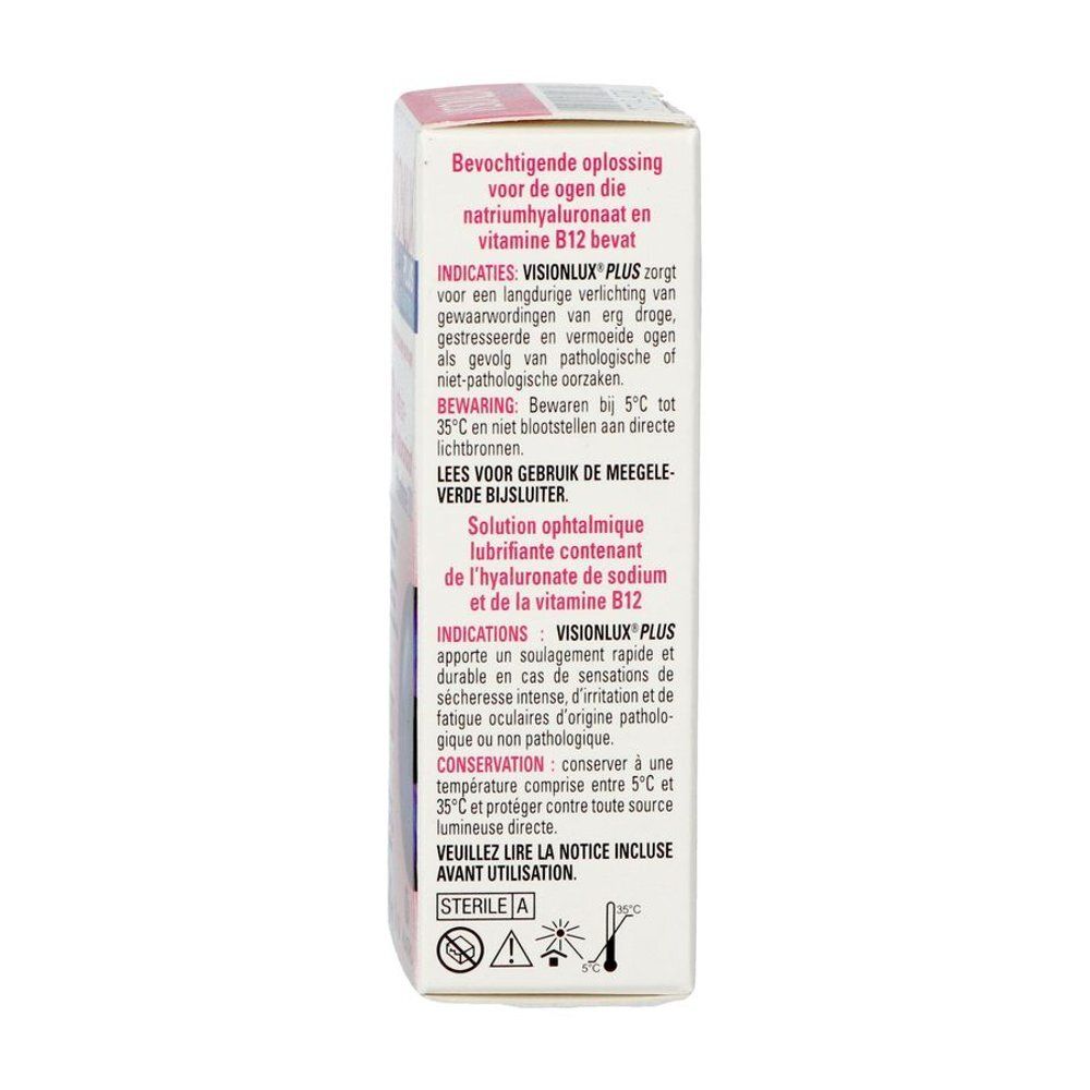 Boîte de gouttes oculaires Visionlux Plus avec acide hyaluronique et vitamine B12.
