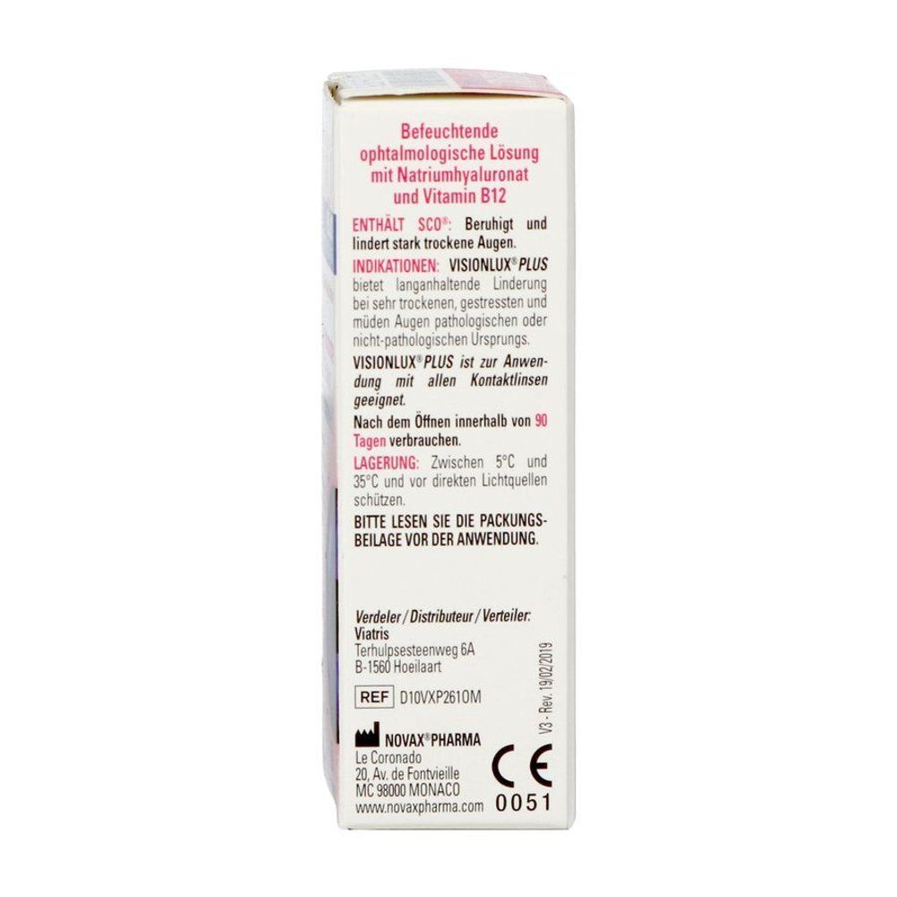 Boîte de gouttes oculaires Visionlux Plus avec acide hyaluronique et vitamine B12.