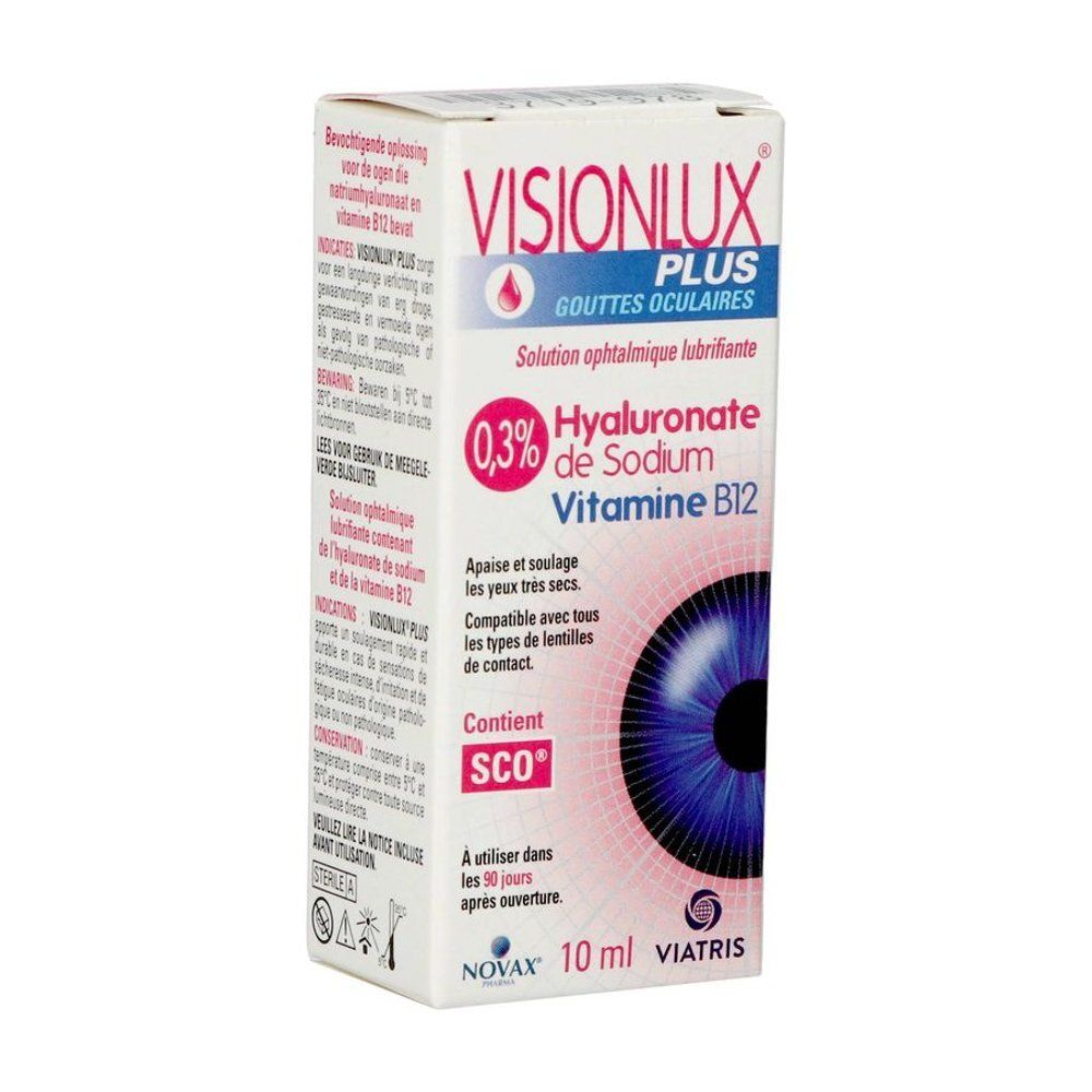 Verpakking van Visionlux Plus oogdruppels met hyaluronzuur en vitamine B12.