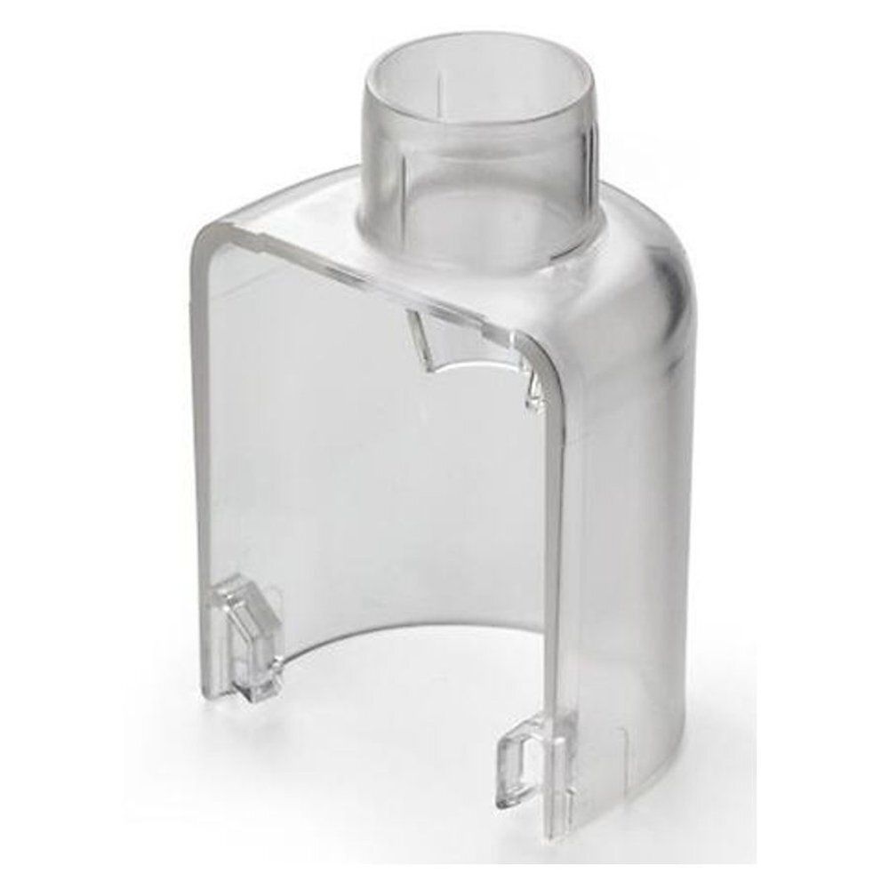 Adaptateur en plastique transparent, avec raccord cylindrique et corps rectangulaire avec deux fixations.