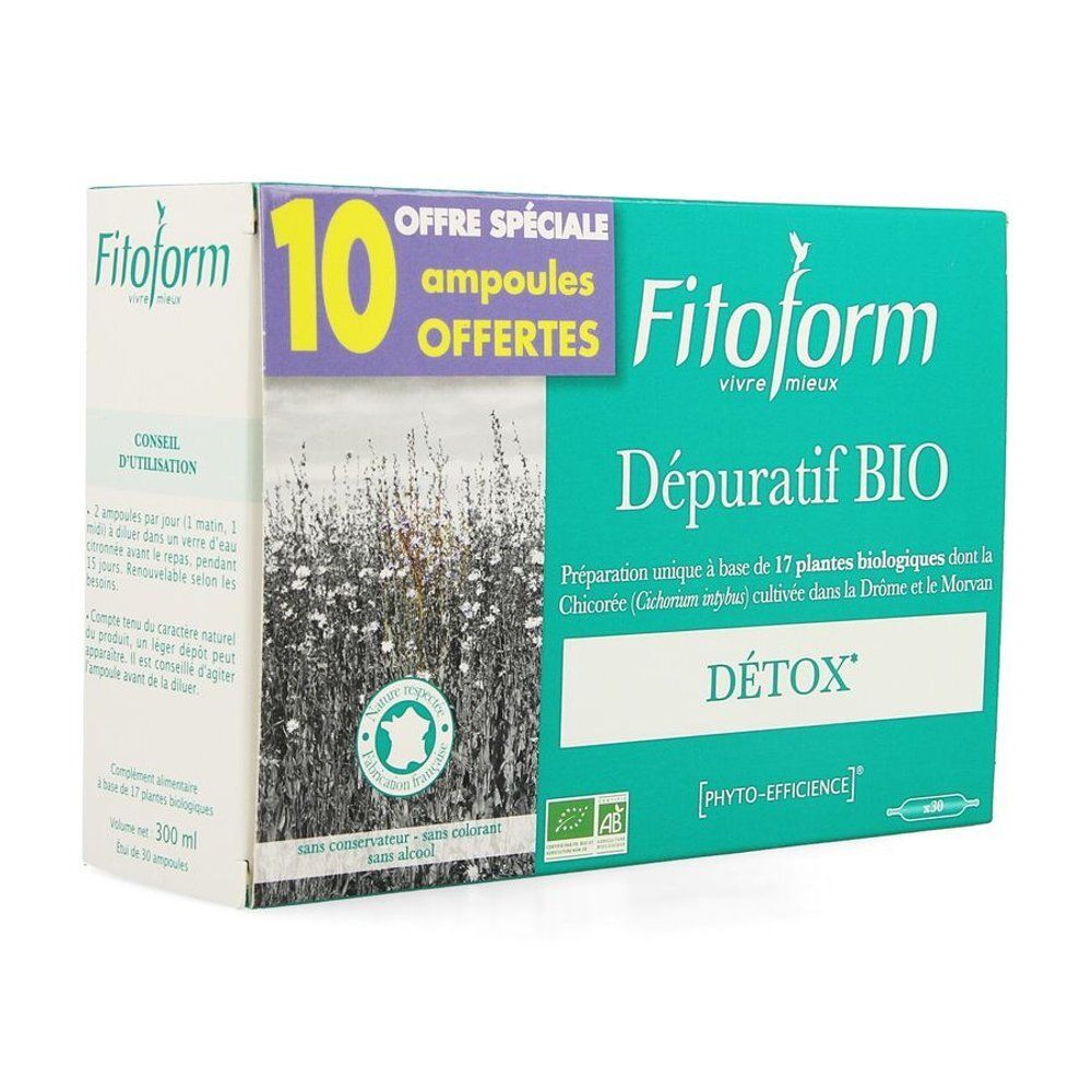 Doos Bioholistic Fitoform Depuratif. Opschrift 'Dépuratif BIO'. Bevat 10 ampullen. Met bio-label.