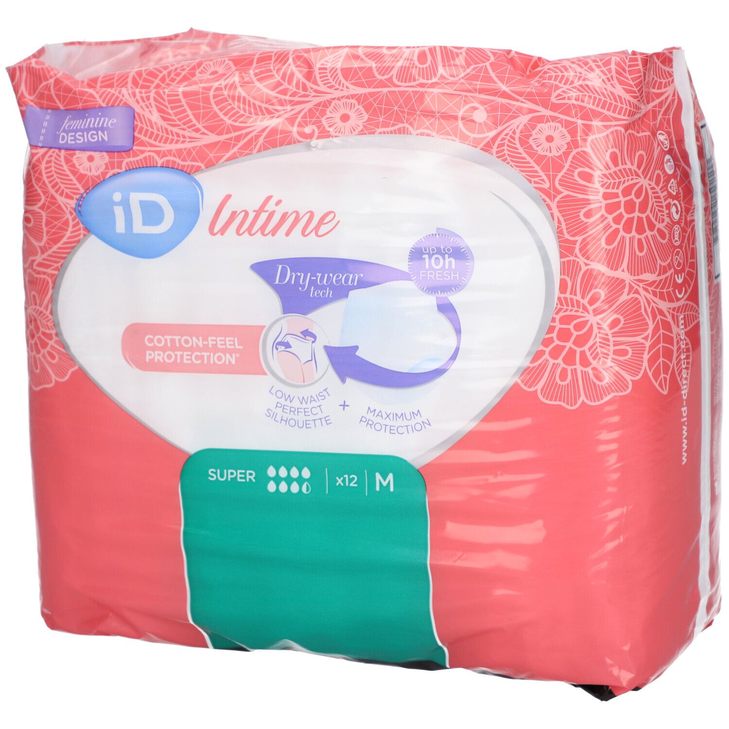 Verpakking iD Intime Pants Super Grace Medium. Roze-wit design, productnaam, absorptie, maat M, 12 stuks.