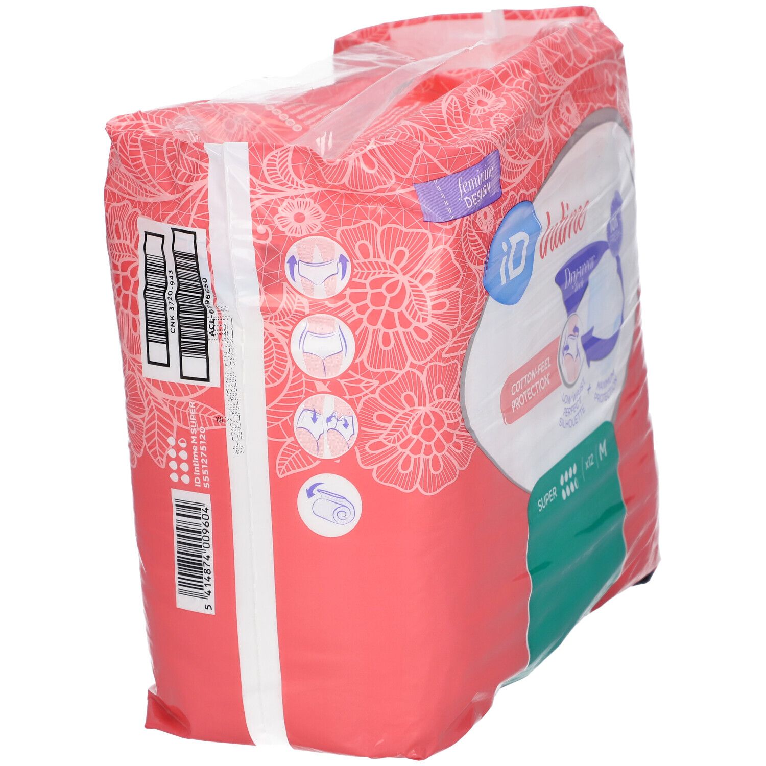 Zijaanzicht van de verpakking iD Intime Pants. Roze-wit design, productinformatie, barcode, groene hoek.