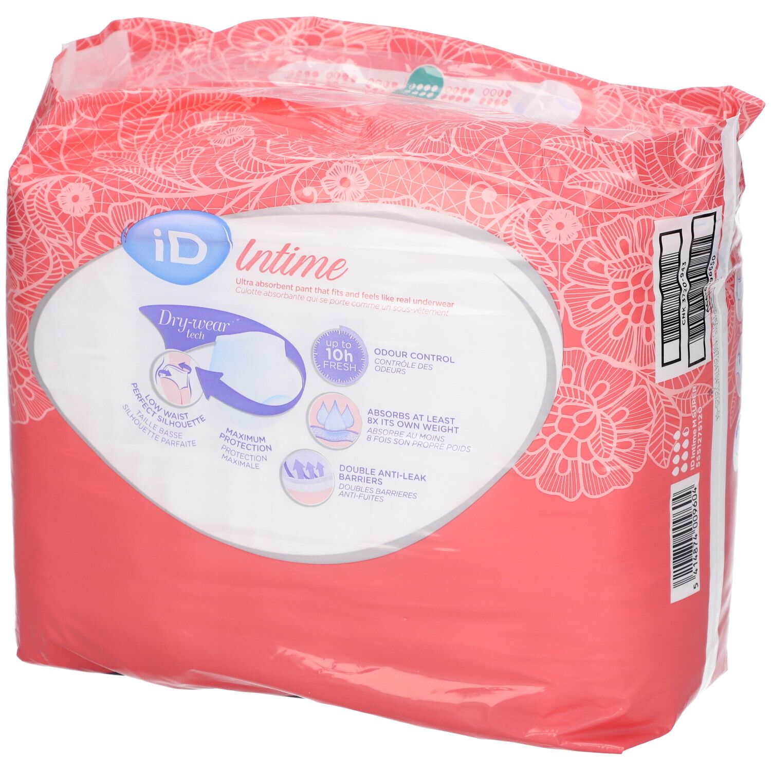 Verpakking iD Intime Pants. Roze-wit design, productnaam, Dry-wear tech, absorptie, geurcontrole.