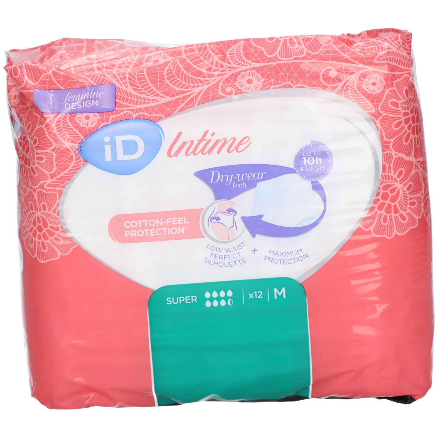 Verpakking iD Intime Pants Super Grace Medium. Roze-wit design, productnaam, absorptie, maat M, 12 stuks.