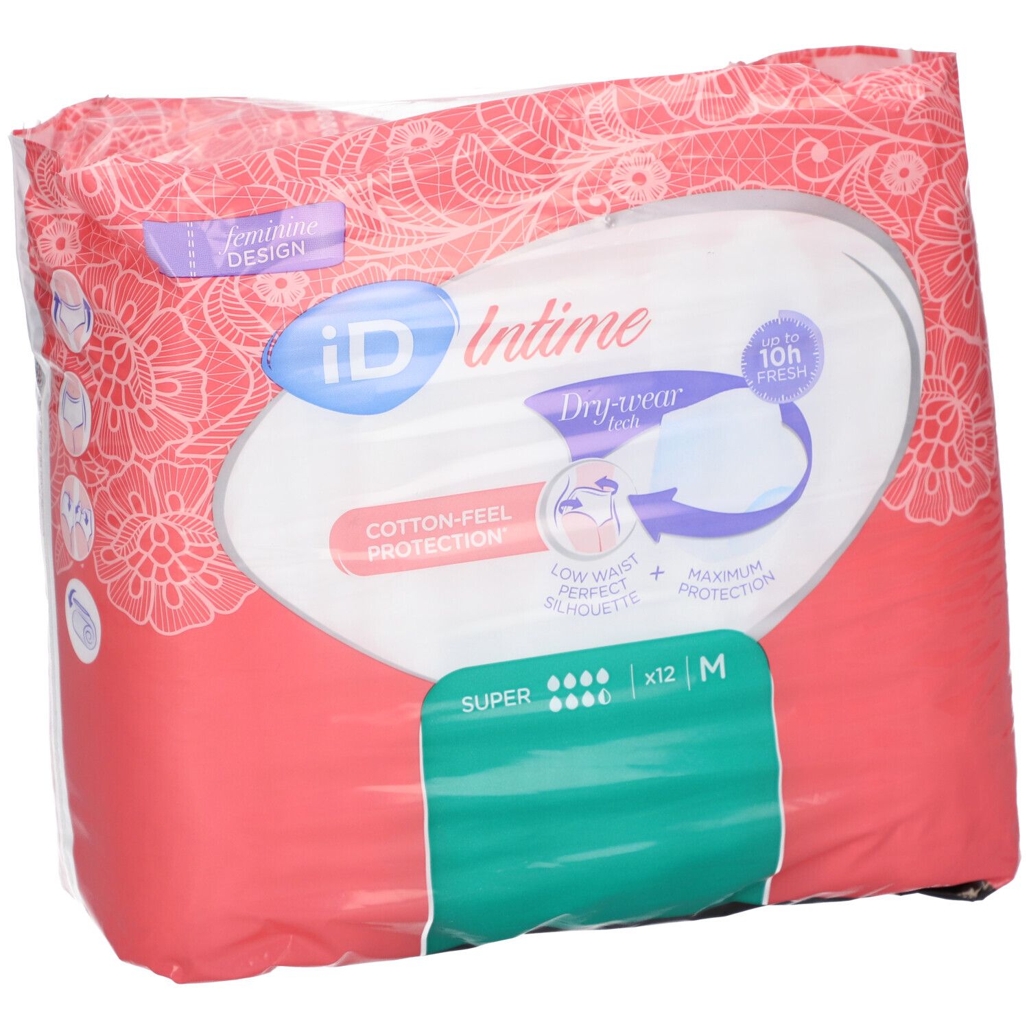 Verpakking iD Intime Pants Super Grace Medium. Roze-wit design, productnaam, absorptie, maat M, 12 stuks.