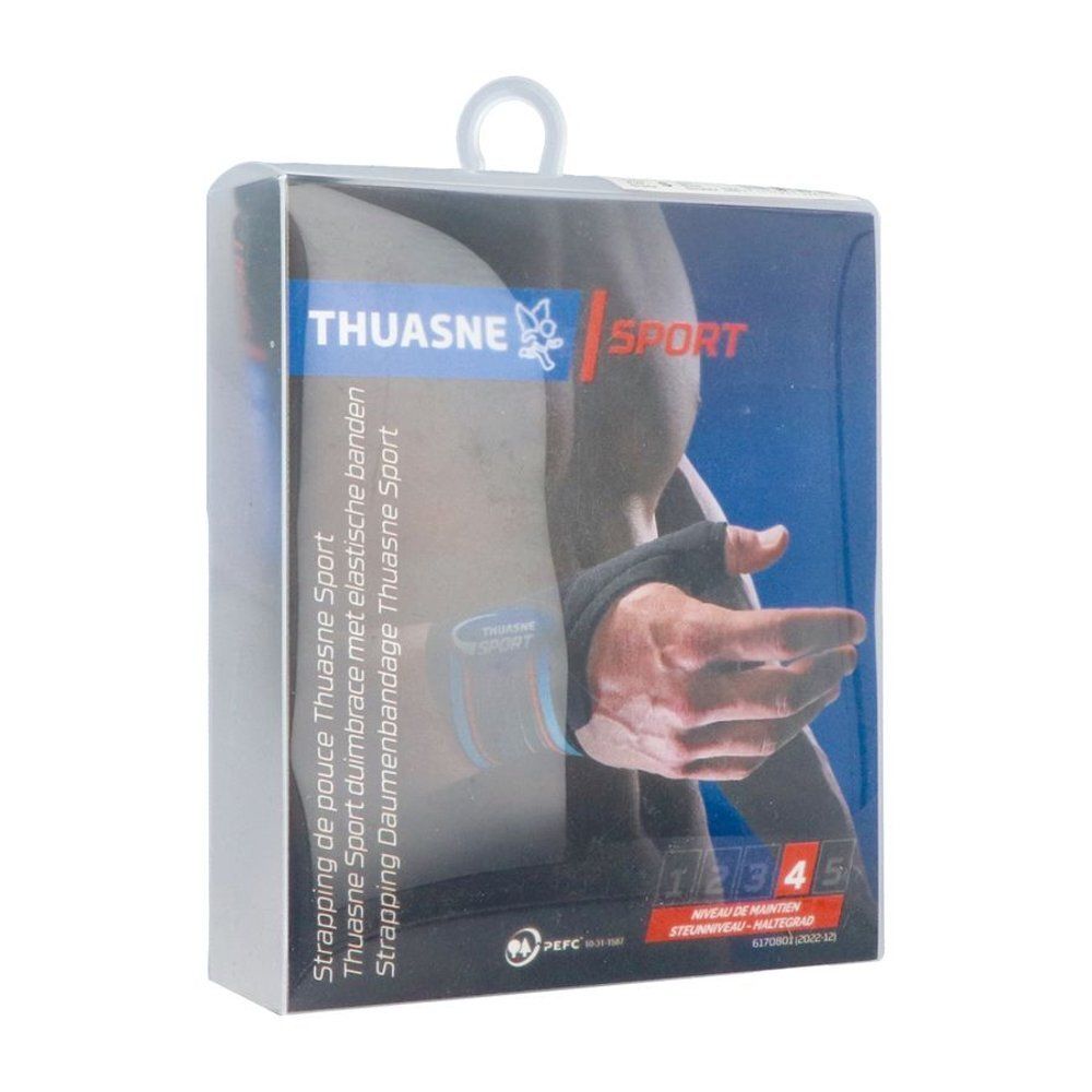 Emballage de bandage pour le pouce. Inscription: THUASNE SPORT. Le nom du produit et les tailles sont visibles sur l'emballage.