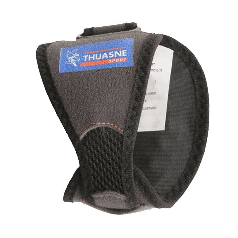 Bracelet anti-épicondylite Thuasne Sport noir. Doublure intérieure, fermeture velcro, insert en mesh et logo de la marque.