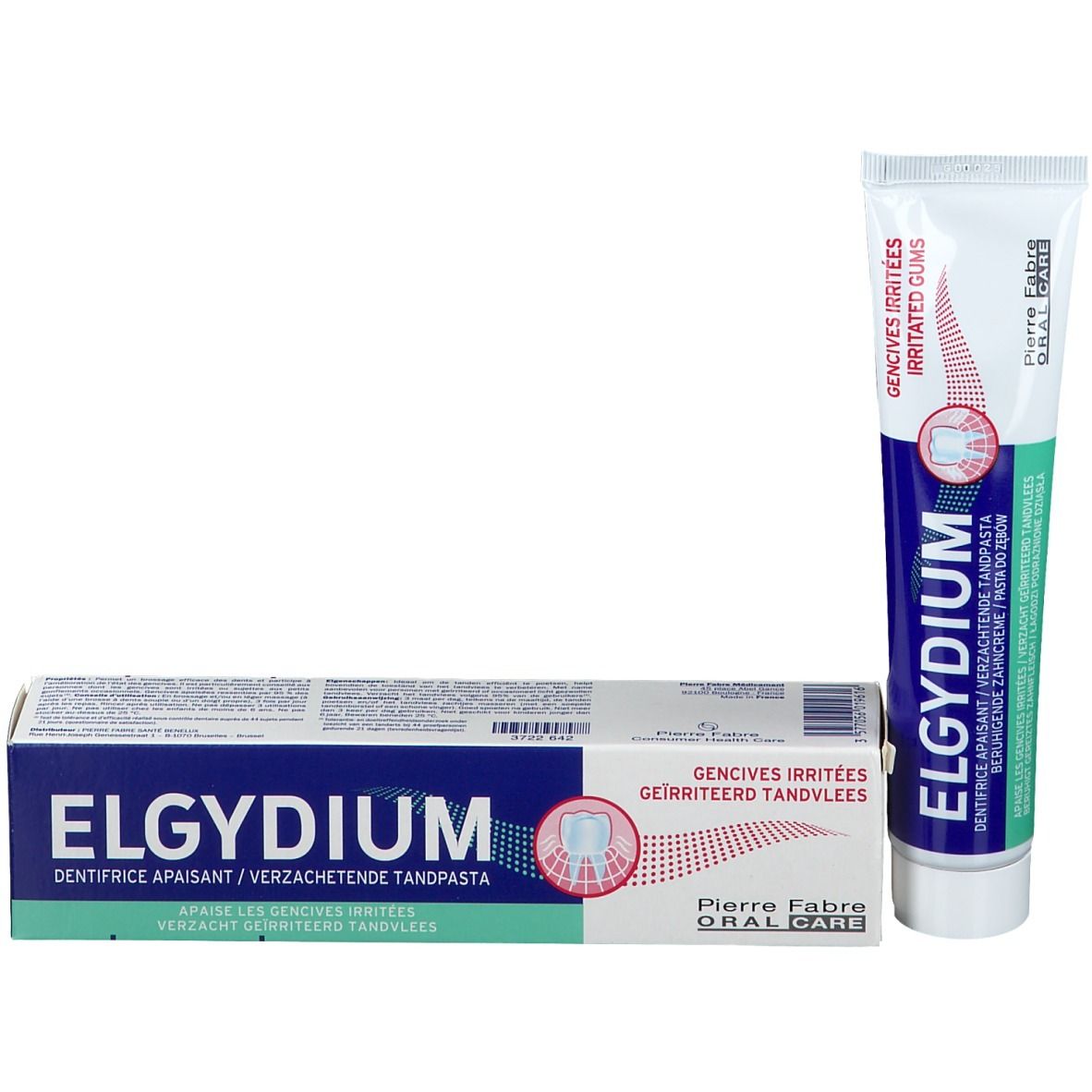 Tube et boîte de dentifrice. Inscription : ELGYDIUM, pour gencives irritées. Fabricant : Pierre Fabre.