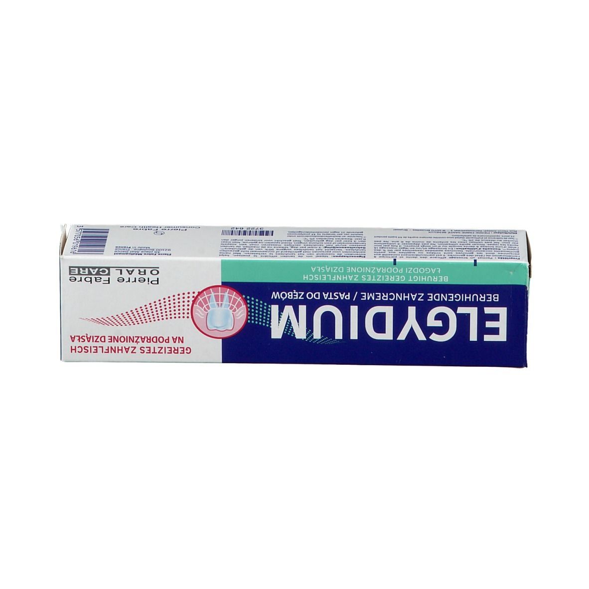Boîte de dentifrice. Inscription : ELGYDIUM, pour gencives irritées. Fabricant : Pierre Fabre.