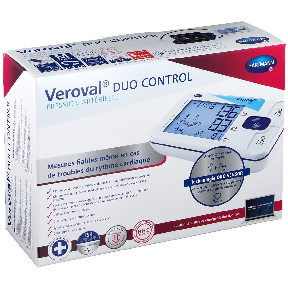Veroval DUO CONTROL bloeddrukmeter in verpakking. Digitale display met waarden. Hartmann logo. BHS-keurmerk.