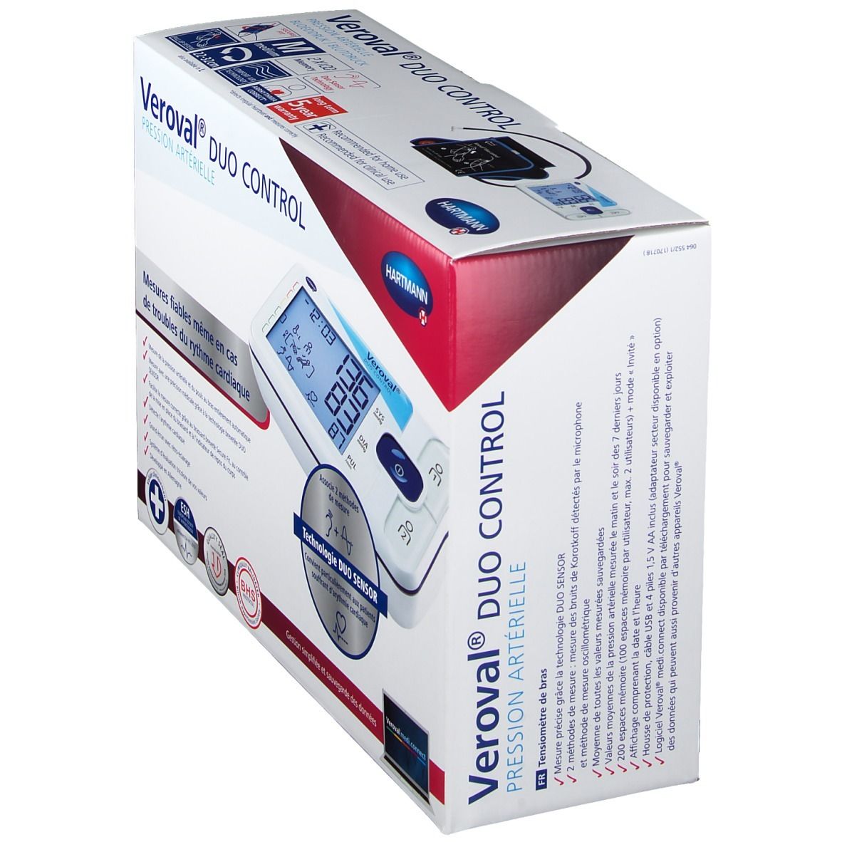Veroval DUO CONTROL bloeddrukmeter in verpakking. Schuine weergave. Digitale display met waarden. Hartmann logo.