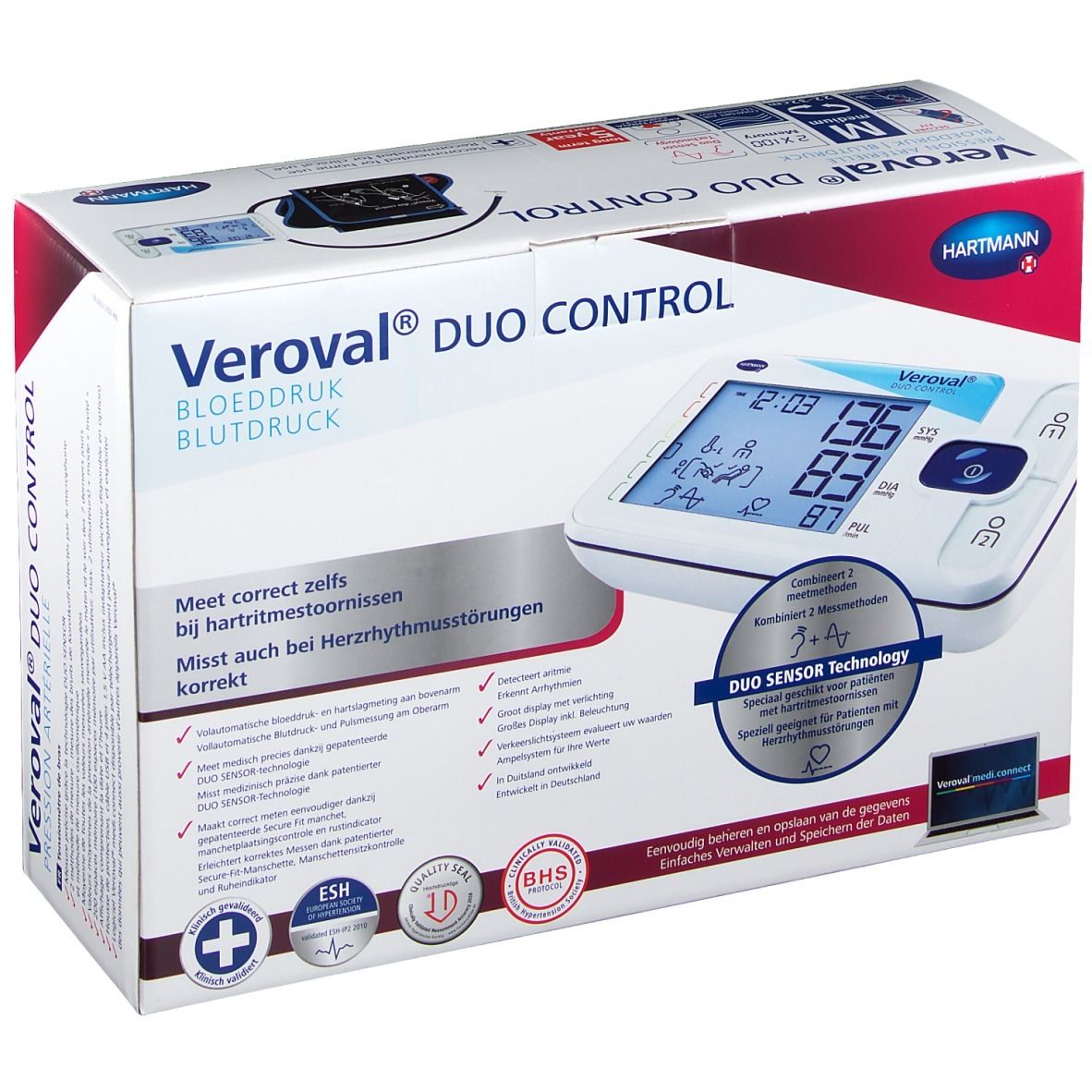 Veroval DUO CONTROL bloeddrukmeter in verpakking. Digitale display met waarden. Hartmann logo. BHS-keurmerk.