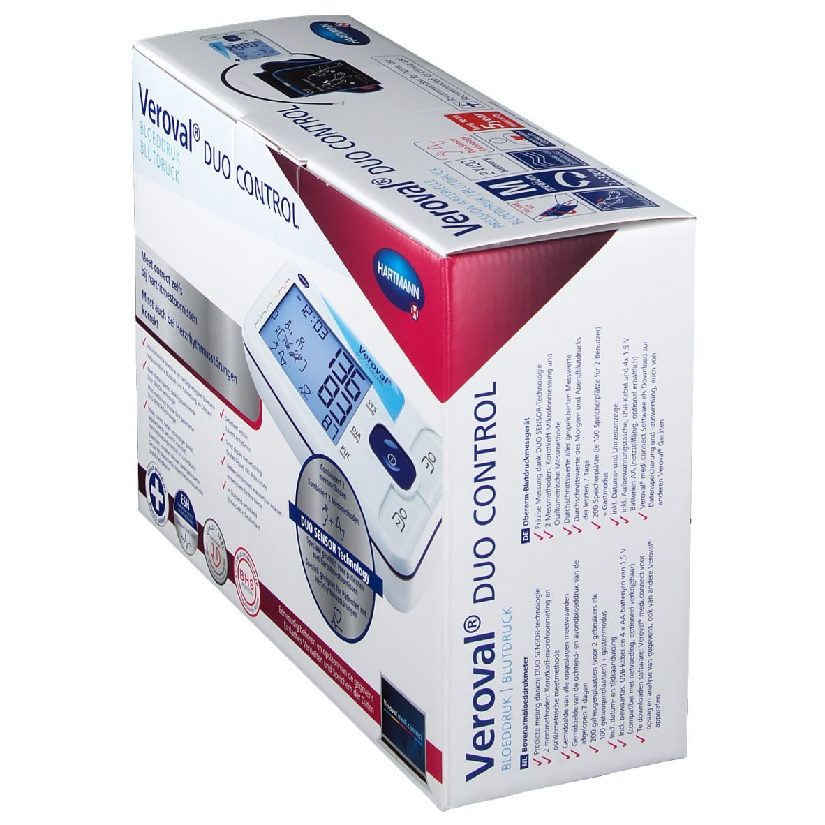 Veroval DUO CONTROL bloeddrukmeter in verpakking. Schuine weergave. Digitale display met waarden. Hartmann logo.