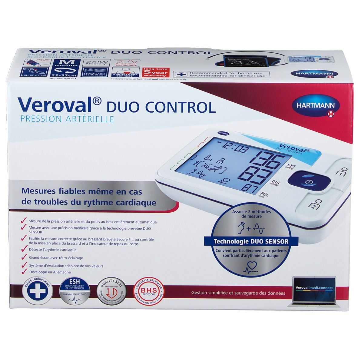 Veroval DUO CONTROL bloeddrukmeter in verpakking. Digitale display met waarden. Hartmann logo. BHS-keurmerk.