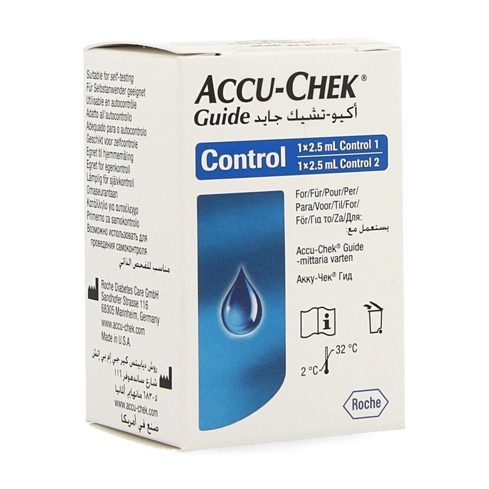 Boîte blanche Accu-Chek Guide Control. Contient 2 x 2,5 ml de solution de contrôle. Logo Roche.