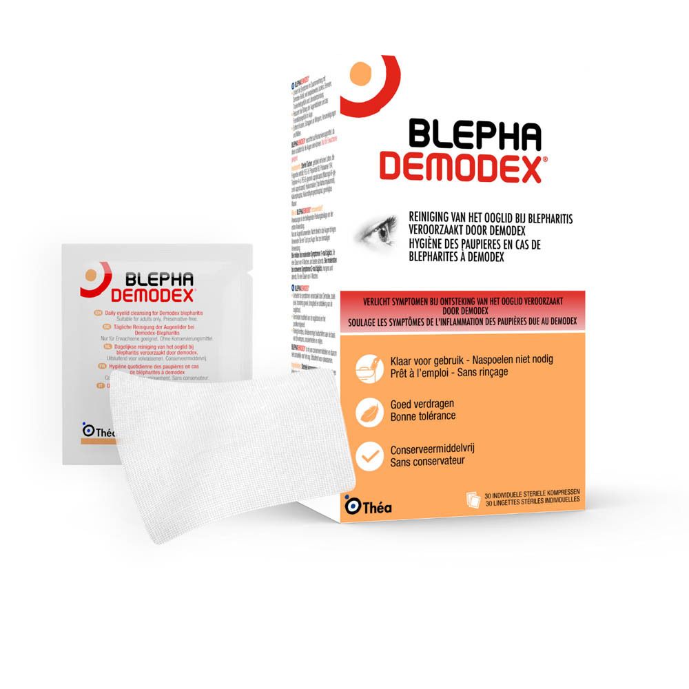 BLEPHADEMODEX reinigingsdoekjes verpakking. Een steriel kompres en een verpakking met opdrukken.