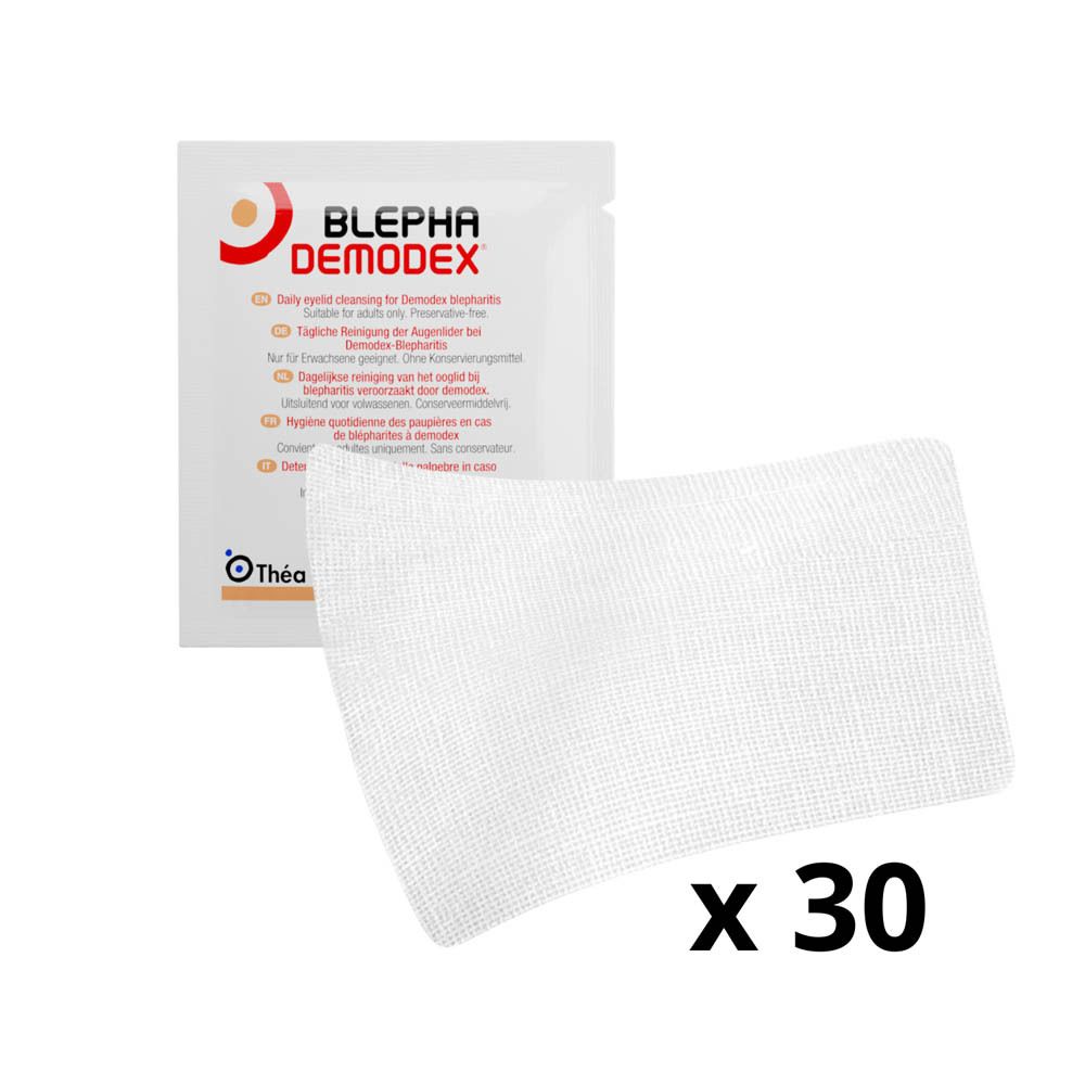 Een individueel steriel kompres en een verpakking met opdrukken. Opdruk: BLEPHADEMODEX.