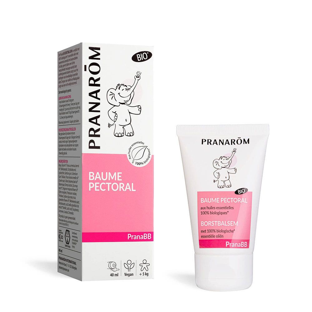 Witte tube en doos. Opschriften: PRANAROM, Baume Pectoral, Bio-logo, olifantenillustratie.