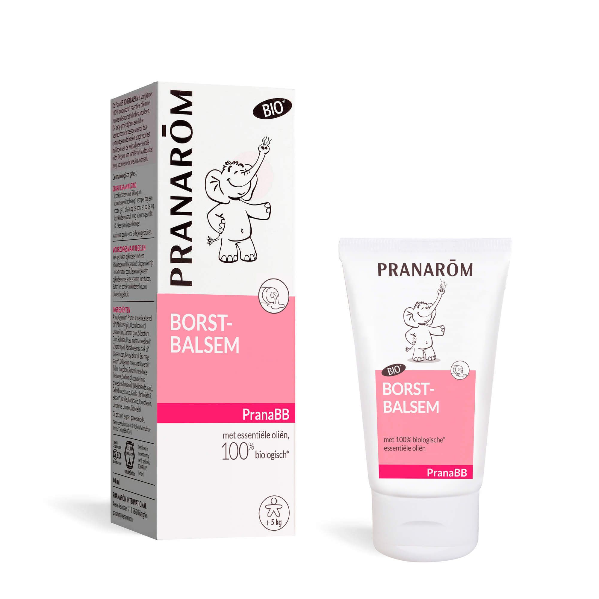Witte tube en doos. Opschriften: PRANAROM, Brustbalsam, Bio-logo, olifantenillustratie.